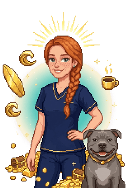 Bec again, at the top tier: a crown of golden rays above her, a gilded surfboard and coffee cup floating beside her, her scrubs trimmed in gold, and her staffy beside a pile of gold coins and treasure