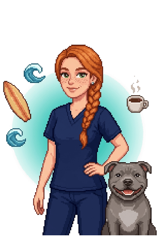Bec, a fictional Stead character: a woman in her thirties with a long ginger plait and freckles, in navy scrubs, with her blue staffy, a surfboard and a coffee cup floating beside her