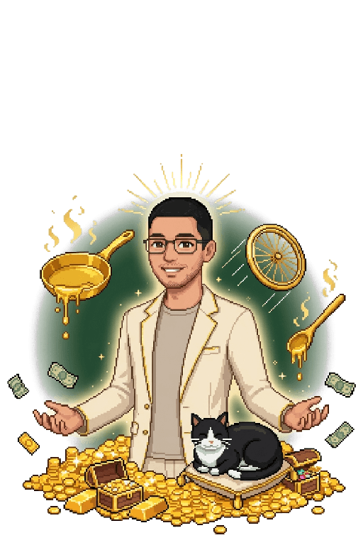 Ryan again, at the top tier: a crown of golden rays above him, a gilded frying pan, spoon and bicycle wheel floating beside him, his tuxedo cat beside a pile of gold coins and treasure
