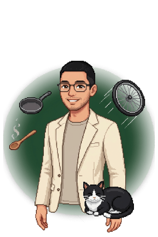 Ryan, a fictional Stead character: a young man with short black hair, light stubble and rectangular glasses, in a cream blazer over a tee, with his tuxedo cat, a frying pan, a wooden spoon and a bicycle wheel floating beside him